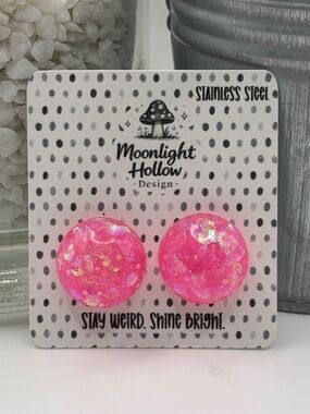 Handmade Bright Pink Glitter Dome Stud Earrings Stainless Steel Posts